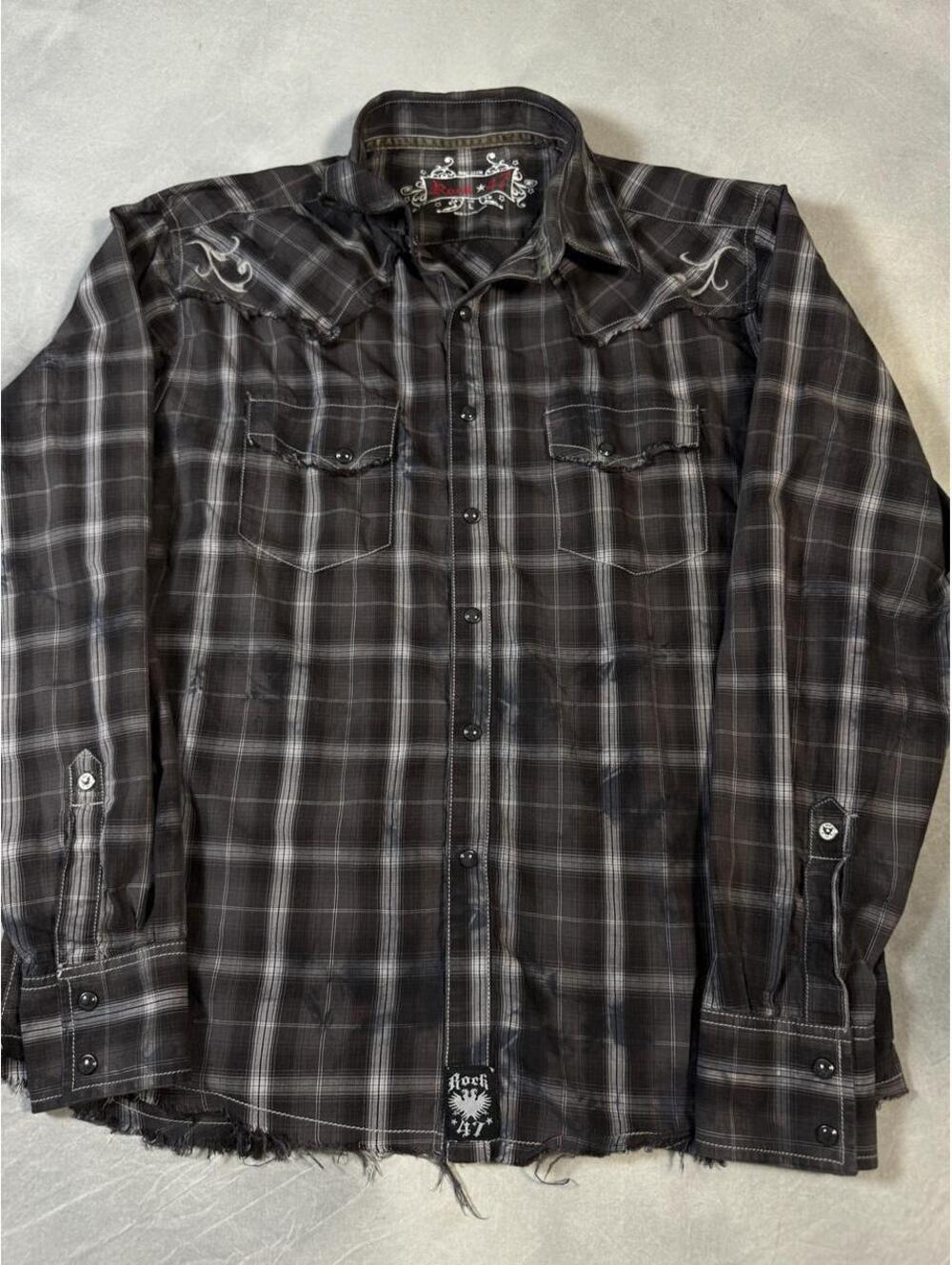 Rock 47 Plaid Western Shirt Men’s Large Black Gray Distressed Embroidered